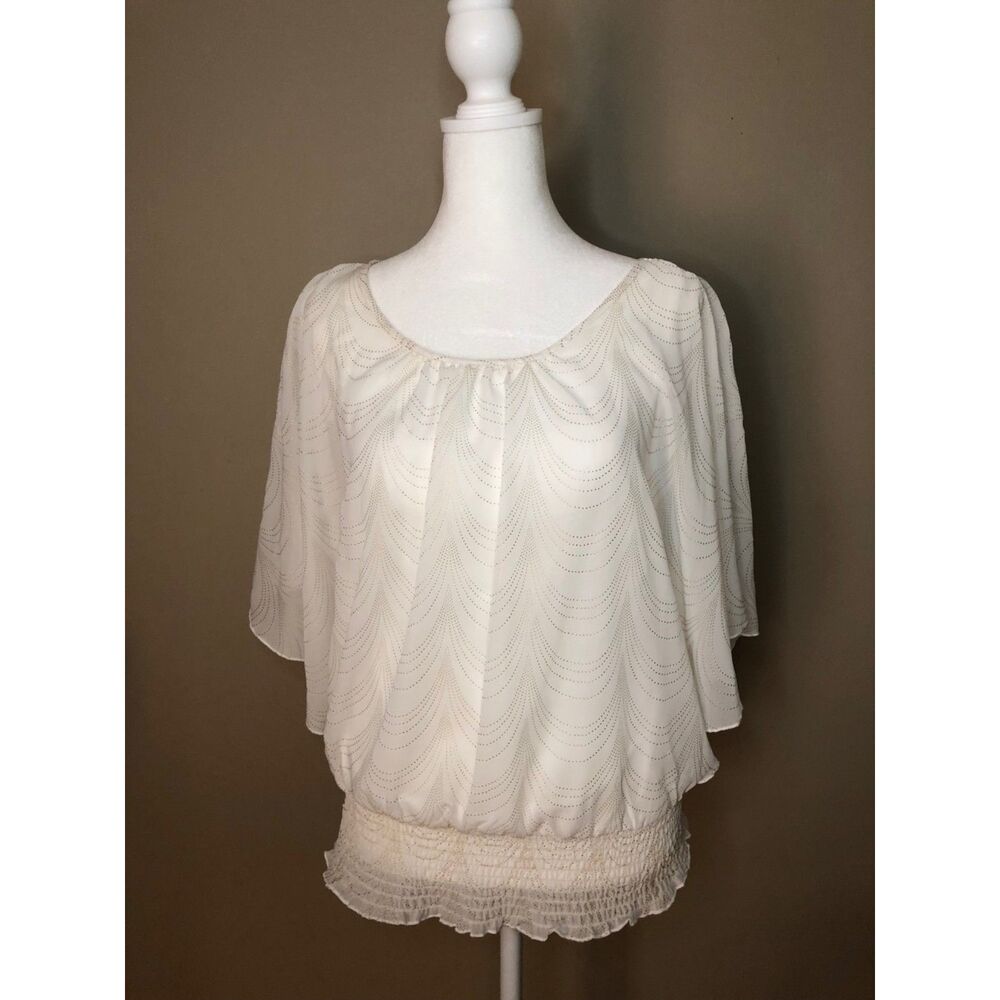 Elegant White Sheer Top with Butterfly Sleeves & Gold Trim